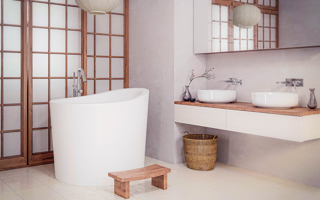 Aquatica True Ofuro Mini Stone Japanese Soaking Bathtub - White Solid Surface Freestanding Tub