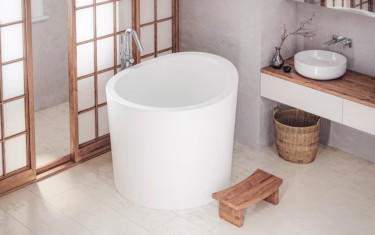 Aquatica True Ofuro Mini Stone Japanese Soaking Bathtub - White Solid Surface Freestanding Tub