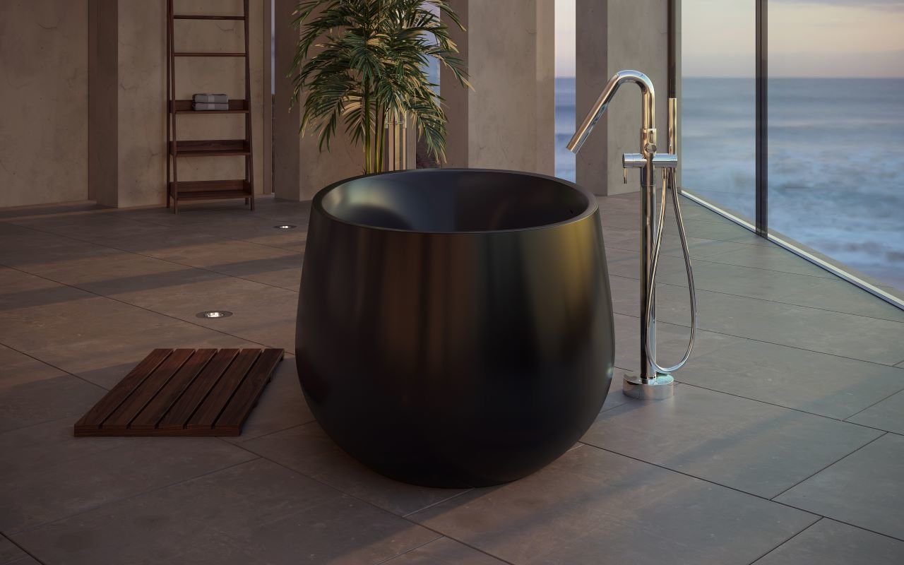 Aquatica Leah Matte Black Freestanding Soaking Solid Surface Bathtub